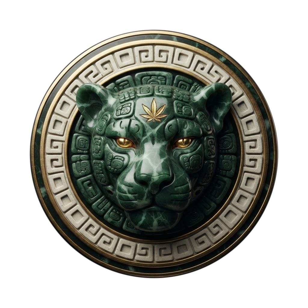 Cancun Dispensary emblem — carved Mayan jade jaguar with a gold cannabis glyph